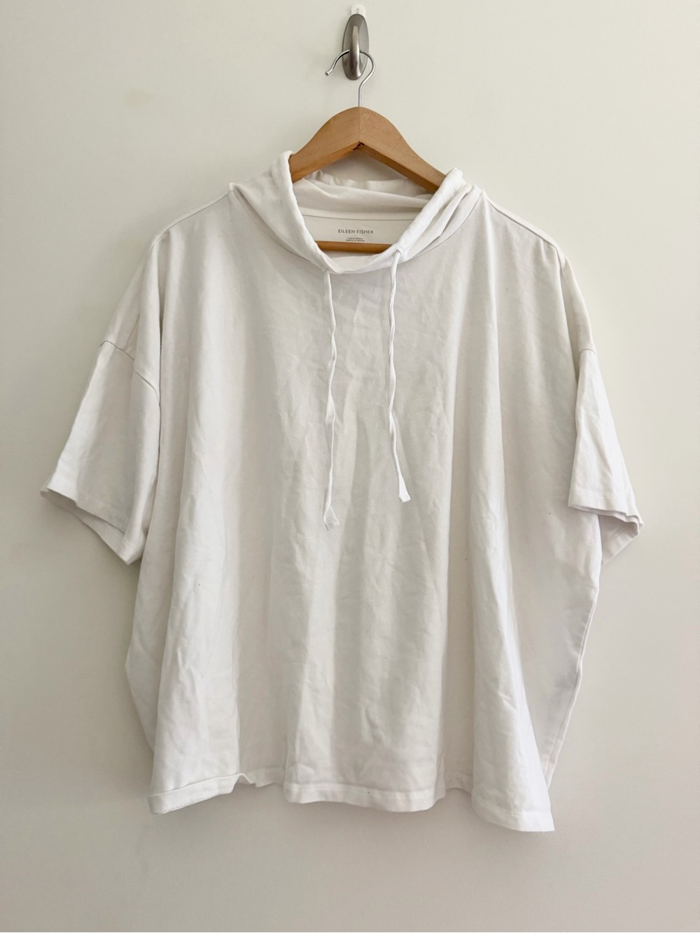 Eileen Fisher Organic Cotton Clean White Hooded Short-Sleeve Top Boxy XL